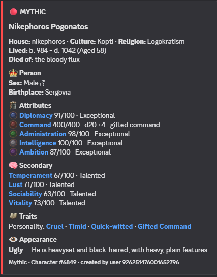 A generated Mythic character card for Nikephoros Pognatos, showing identity, attributes, traits, and appearance.